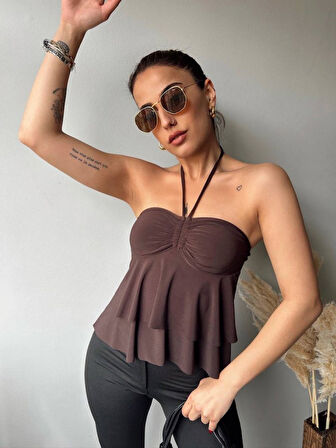 TUA MODA Kadın Halter Bağcık Detay Gloplu Bluz