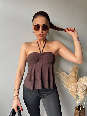 TUA MODA Kadın Halter Bağcık Detay Gloplu Bluz