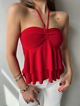 TUA MODA Kadın Halter Bağcık Detay Gloplu Bluz