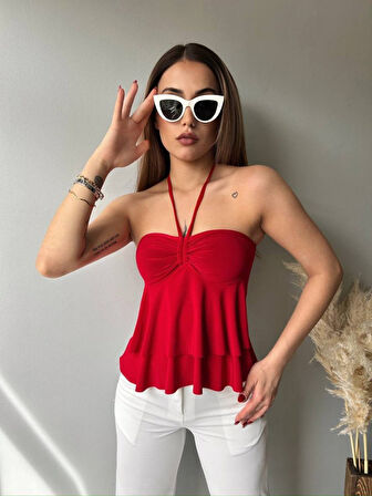 TUA MODA Kadın Halter Bağcık Detay Gloplu Bluz