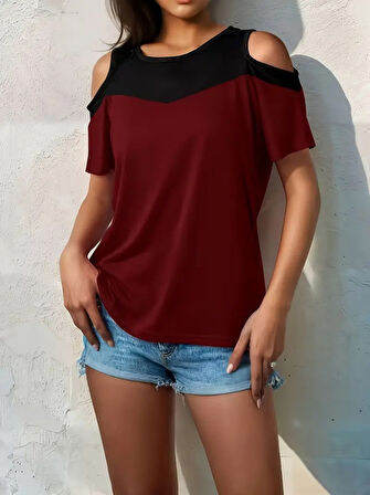 TUA MODA Kadın Kısa Kollu Omuzlardan Açık Detaylı çift Renkli Viskon Bluz