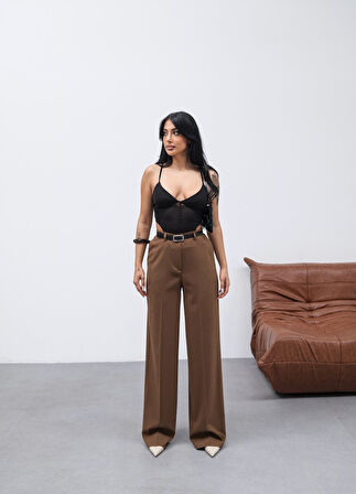 TUA MODA Poly Viscose Yüksek Bel Kemerli̇ Ve Dökümlü Palazzo Pantolon (Kemer Dahi̇l)