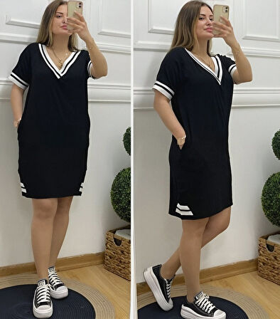 TUA MODA Kadın Kısa Kollu V Yaka Ribana Detaylı Cepli Dizüstü Viskon Elbise