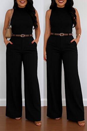 TUA MODA Kadın Yüksek Bel Geniş Paça Detaylı Cepli Ithal Krep Pantolon