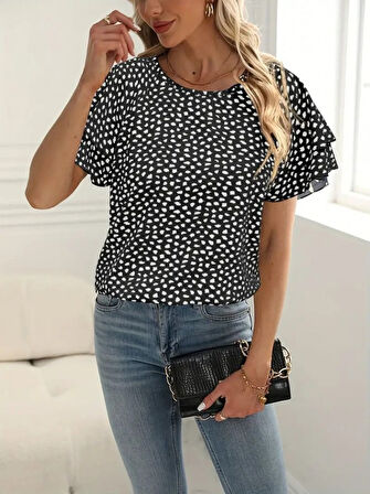 TUA MODA Kadın Kısa Kollu Kolları Volanlı Baskılı Süprem Bluz