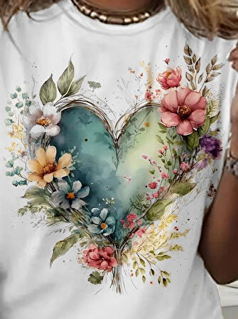 TUA MODA Kadın Kısa Kollu Bisiklet Yaka Kalp Desenli Süprem Bluz