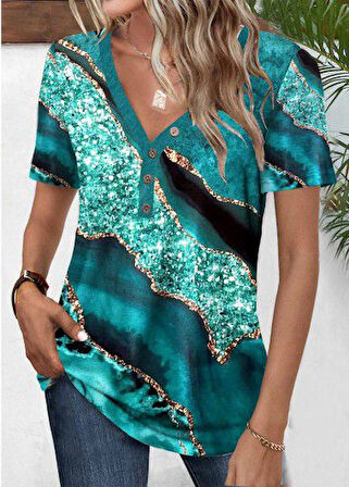 TUA MODA Kadın Kısa Kollu V Yakalı önden Düğmeli Baskılı Süprem Bluz