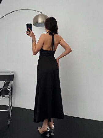 TUA MODA Siyah Uzun Saten Elbise