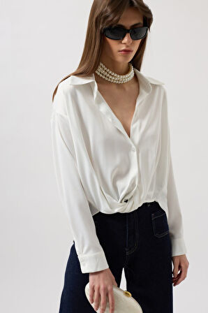 TUA MODA Bel Büzgülü Crop Saten Gömlek