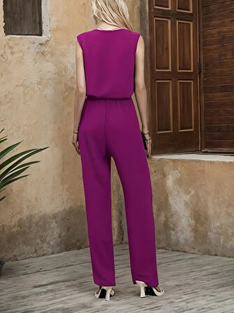 TUA MODA Kadın Kolsuz V Yakalı Aerobin Bluz Ve Belden Kuşaklı Pantolon Ikili Takım