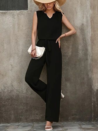 TUA MODA Kadın Kolsuz V Yakalı Aerobin Bluz Ve Belden Kuşaklı Pantolon Ikili Takım