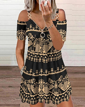 TUA MODA Kadın Kısa Kollu Aksesuar Fermuarlı Etnik Desen Mikro Elbise