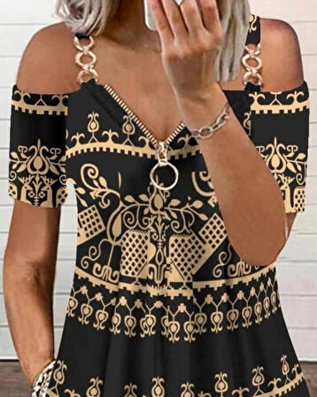 TUA MODA Kadın Kısa Kollu Aksesuar Fermuarlı Etnik Desen Mikro Elbise
