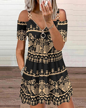TUA MODA Kadın Kısa Kollu Aksesuar Fermuarlı Etnik Desen Mikro Elbise