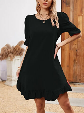 TUA MODA Kadın Kısa Kollu Kol Ve Eteği Volanlı Bisiklet Yaka Aerobin Elbise