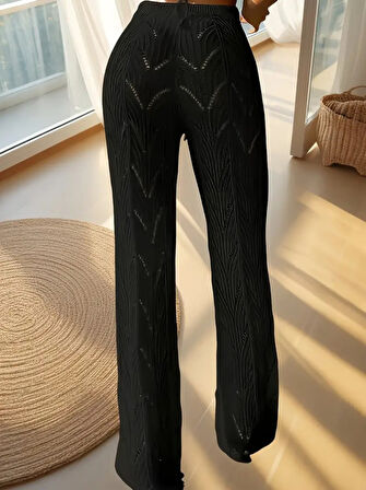 TUA MODA Kadın Yüksek Bel Bağcıklı Desenli Triko Plaj Pantolon