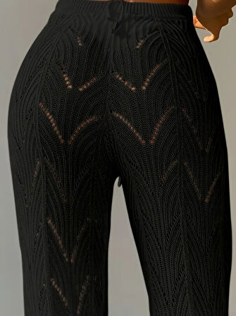 TUA MODA Kadın Yüksek Bel Bağcıklı Desenli Triko Plaj Pantolon
