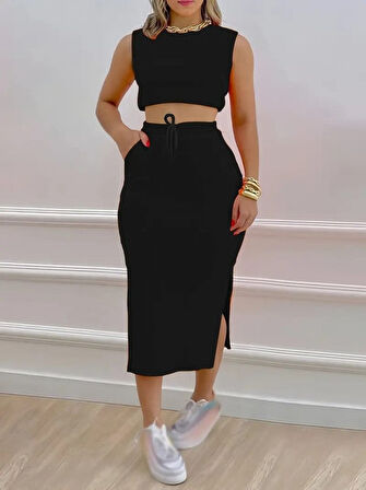 TUA MODA Kadın Iki Iplik Crop Etek Ikili Takım