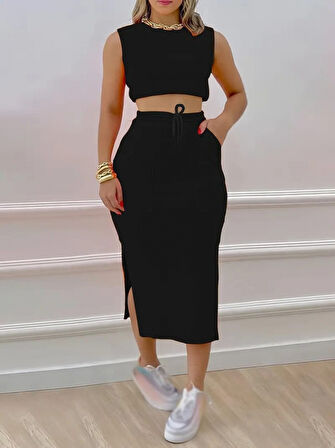 TUA MODA Kadın Iki Iplik Crop Etek Ikili Takım