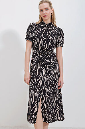 TUA MODA 2213 Kısa Kol Viskon Elbise - Bej