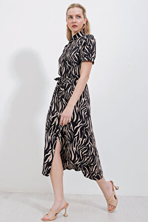 TUA MODA 2213 Kısa Kol Viskon Elbise - Bej