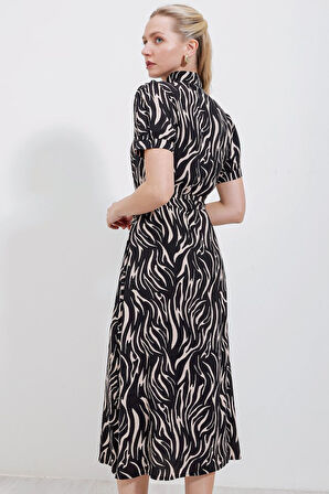 TUA MODA 2213 Kısa Kol Viskon Elbise - Bej