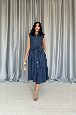 TUA MODA Mavi Tencel Çıtçıtlı Elbise