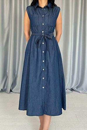 TUA MODA Mavi Tencel Çıtçıtlı Elbise