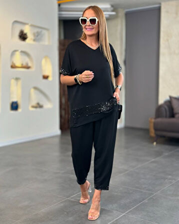 TUA MODA Kadın Kısa Kollu V Yakalı Pul Payetli Viskon Iki Iplik Bluz Ve Pantolon Ikili Takım