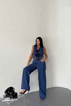 TUA MODA GOFRE BLUZ-PANTOLON TK KURDELE DETAYLI - Mavi
