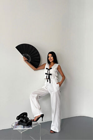 TUA MODA GOFRE BLUZ-PANTOLON TK KURDELE DETAYLI - Beyaz