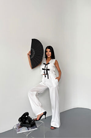 TUA MODA GOFRE BLUZ-PANTOLON TK KURDELE DETAYLI - Beyaz