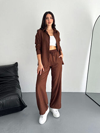 TUA MODA Gömlek Pantolon Ikili Takım - Kahverengi
