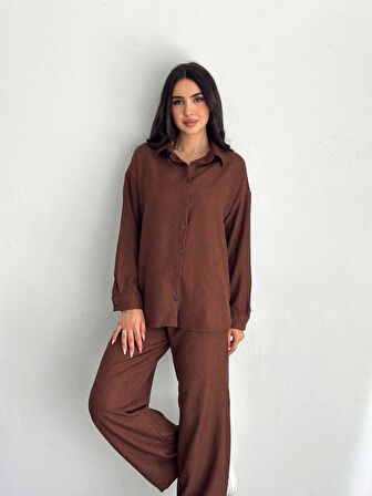 TUA MODA Gömlek Pantolon Ikili Takım - Kahverengi