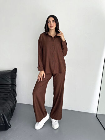 TUA MODA Gömlek Pantolon Ikili Takım - Kahverengi