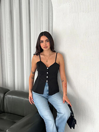 TUA MODA Askılı Dekolte Deraylı Bluz Crop - Siyah