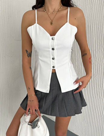 TUA MODA Askılı Dekolte Deraylı Bluz Crop - Beyaz