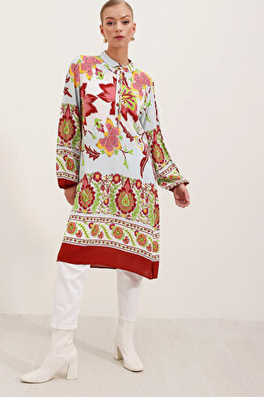 TUA MODA 5903 Desenli Viskon Elbise - Bordo