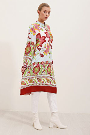 TUA MODA 5903 Desenli Viskon Elbise - Bordo