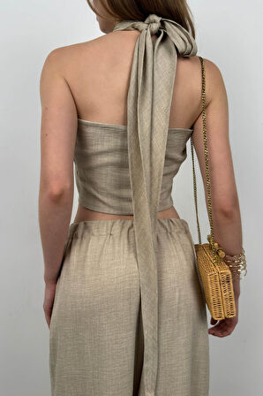 TUA MODA Çapraz Bağlamalı Keten Crop