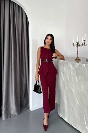 TUA MODA CEKET-ETEK GÖRÜNÜMLÜ ELBİSE  ÇİFT KEMER DETAYLI - Bordo