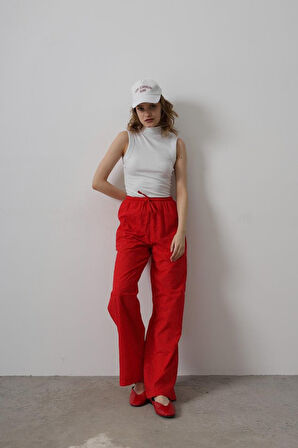TUA MODA Beli Bağlamalı Brode Pantolon - Kırmızı