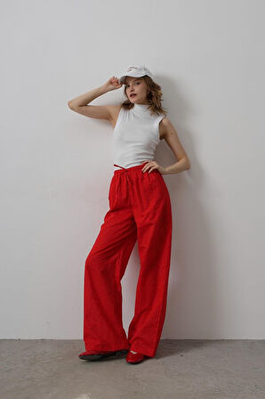 TUA MODA Beli Bağlamalı Brode Pantolon - Kırmızı
