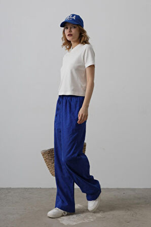 TUA MODA Beli Bağlamalı Brode Pantolon - Saks