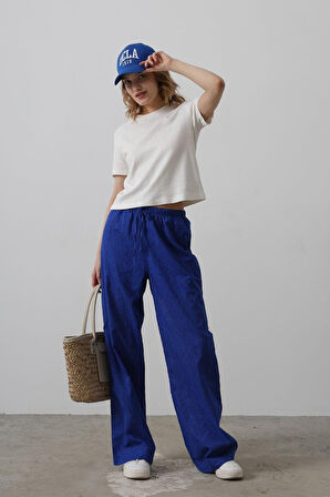 TUA MODA Beli Bağlamalı Brode Pantolon - Saks