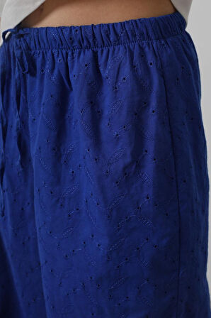 TUA MODA Beli Bağlamalı Brode Pantolon - Saks