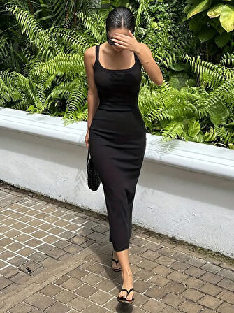 TUA MODA Kadın Ip Askılı Yuvarlak Yakalı Yırtmaçlı Midi Kaşkorse Elbise