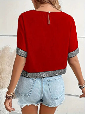 TUA MODA Kadın Kısa Kollu Bisiklet Yaka Asimetrik Kesim Detaylı Pul Payetli Krep Bluz