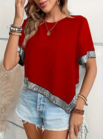 TUA MODA Kadın Kısa Kollu Bisiklet Yaka Asimetrik Kesim Detaylı Pul Payetli Krep Bluz