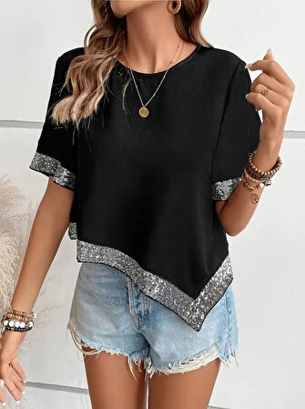 TUA MODA Kadın Kısa Kollu Bisiklet Yaka Asimetrik Kesim Detaylı Pul Payetli Krep Bluz